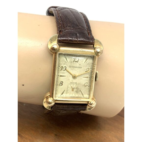 Wittnauer Revue Watch Swiss Mechanical Tank Vintage Gold Brown Leather Band 22mm - Picture 12 of 15
